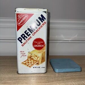 Vintage 1969 Nabisco Premium Saltine Crackers Thin Tin Canister 14 Oz With Lid